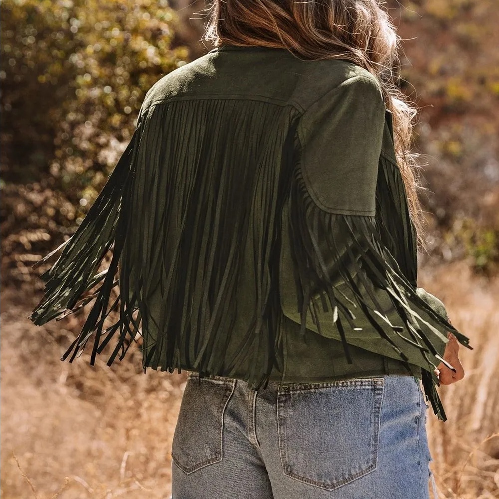 Olive Fringe Women's Jacket boho faux suede tassel blazer - Picture 6 of 10